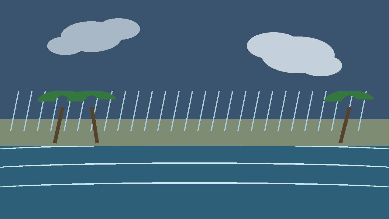 Editorial illustration of a storm spiral over a generic coastline with heavy rain — flat style, no real place or person depicted