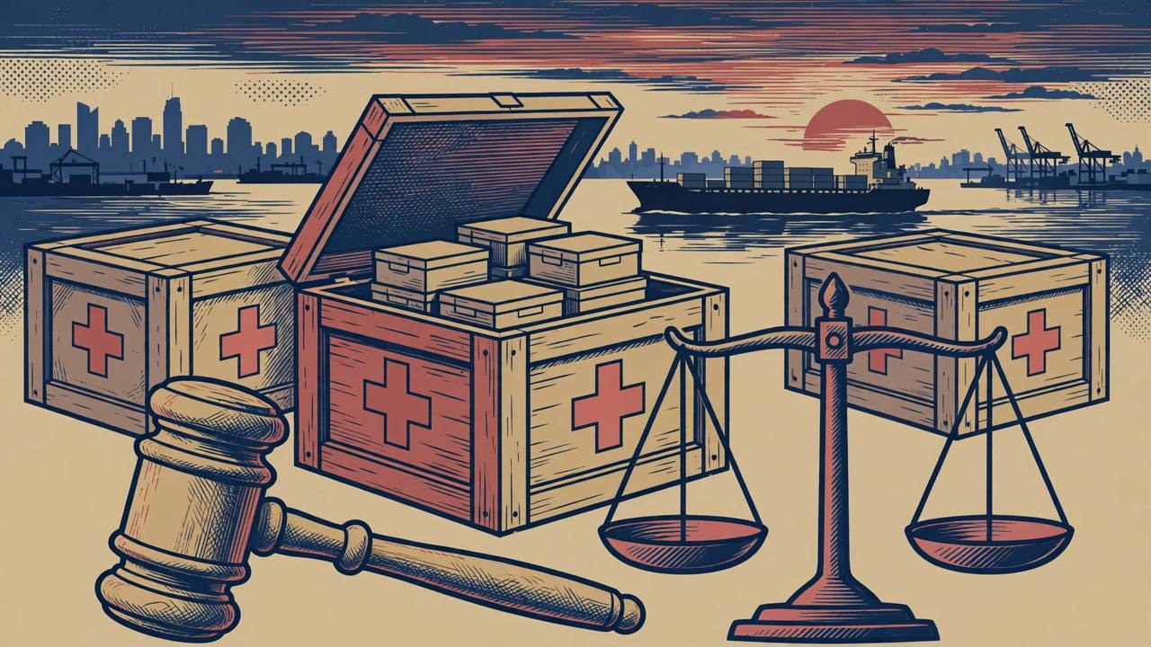 Flat editorial illustration of a courthouse gavel and scales of justice in front of sealed cargo crates falsely marked with a medical cross, opened to reveal generic ammunition boxes, with a cargo ship heading to a port at dusk