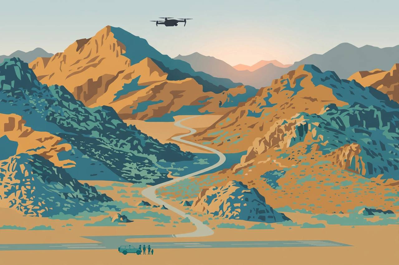 Editorial illustration of a drone silhouette over a rocky mountain pass road in northern Somalia — flat style, no real person depicted