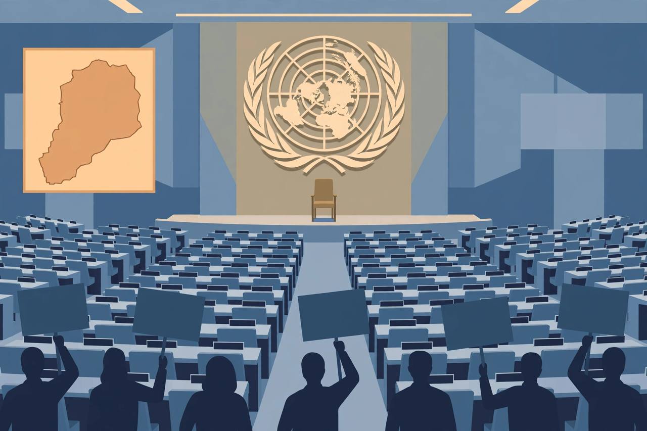 Editorial illustration of a UN assembly hall with an empty front chair, generic protesters holding blank placards and an outline map of Sudan on the wall