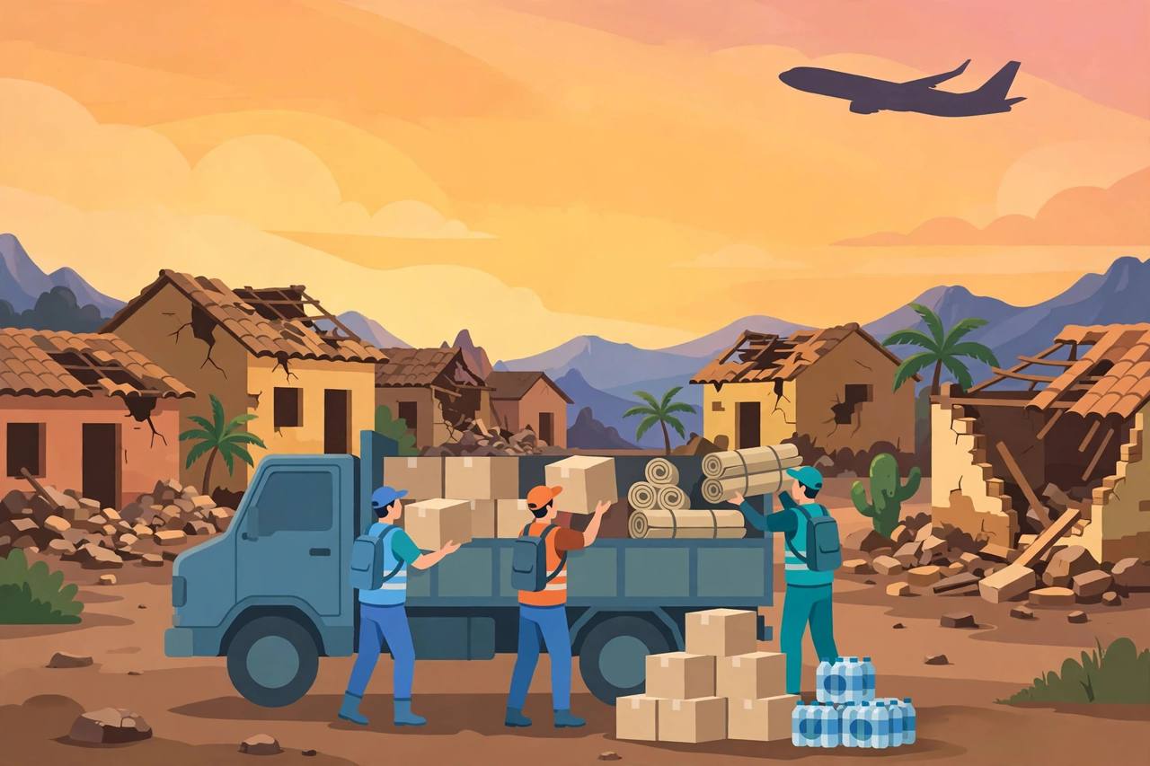 Editorial illustration of relief workers loading supply boxes and shelter materials onto a truck in a quake-damaged Central American town — flat style, generic figures only, no real person depicted