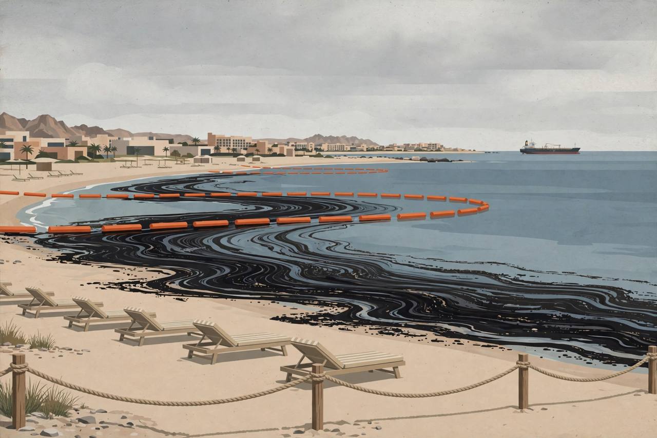 Editorial illustration of a closed Ras Al Khaimah beach with empty loungers and a barrier, a dark oil slick spreading toward the shore, containment booms and a distant offshore tanker