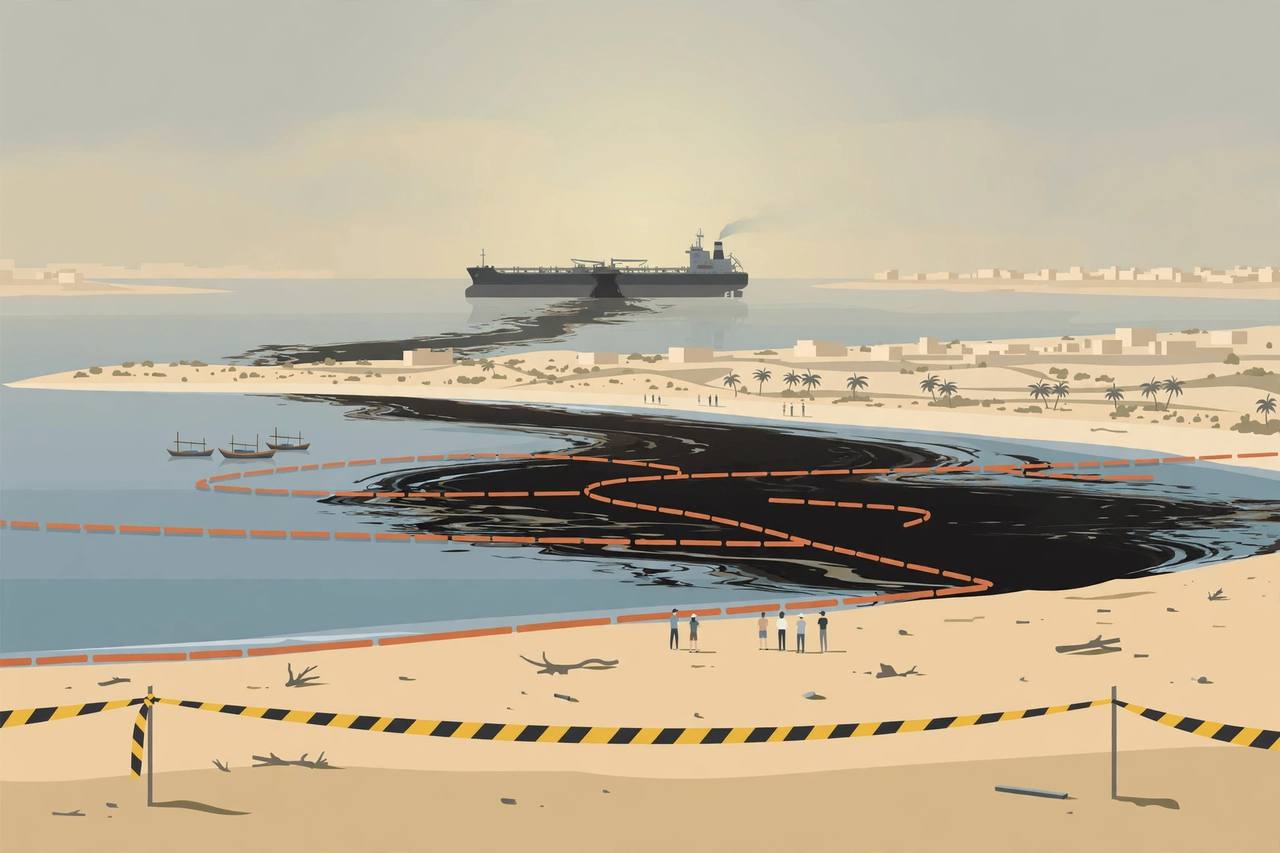 Editorial illustration of an offshore tanker leaking an oil slick toward a UAE coastline with closed beaches and containment booms