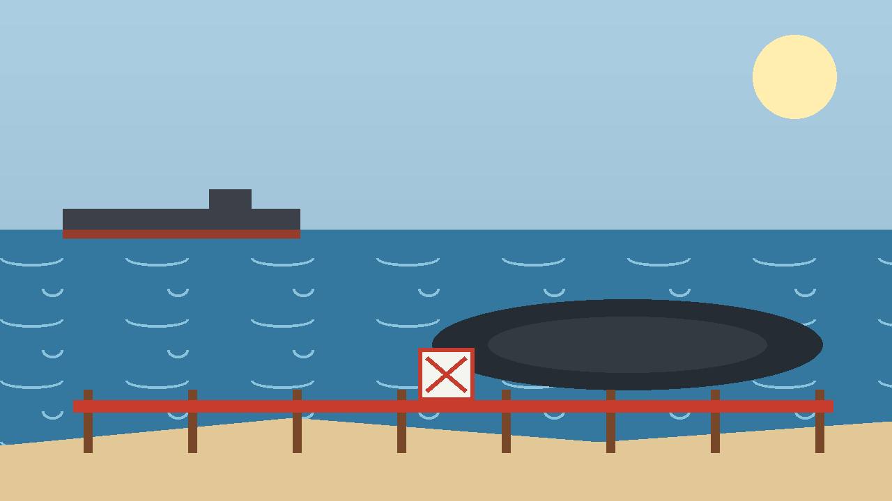 Editorial illustration of a generic tanker offshore, a dark slick on the sea and a closed beach with a barrier — no real place or incident depicted