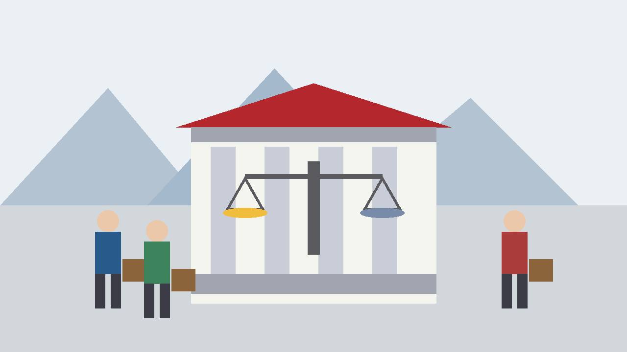 (Editorial illustration) Generic bank staff with briefcases in front of a flat-style bank building and a balance scale in the Swiss Alps — no real person is shown. A Swiss bank employees' body warned up to 12,000 UBS jobs in Switzerland could be at risk in a worst case if tougher capital rules pushed the bank to relocate.