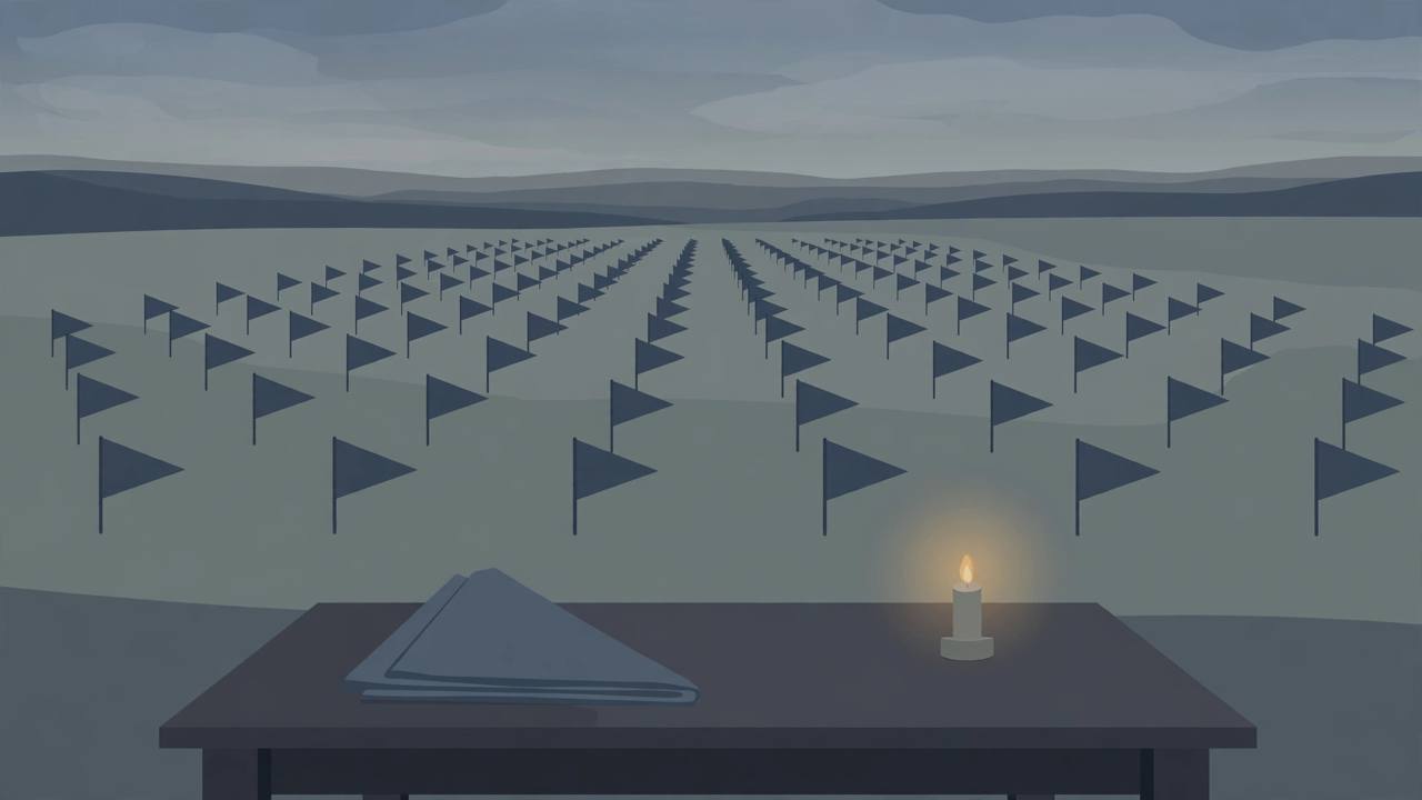 Flat editorial illustration of a folded flag and a lit candle on a dark table, with rows of small memorial flags on a grassy field under a grey dusk sky