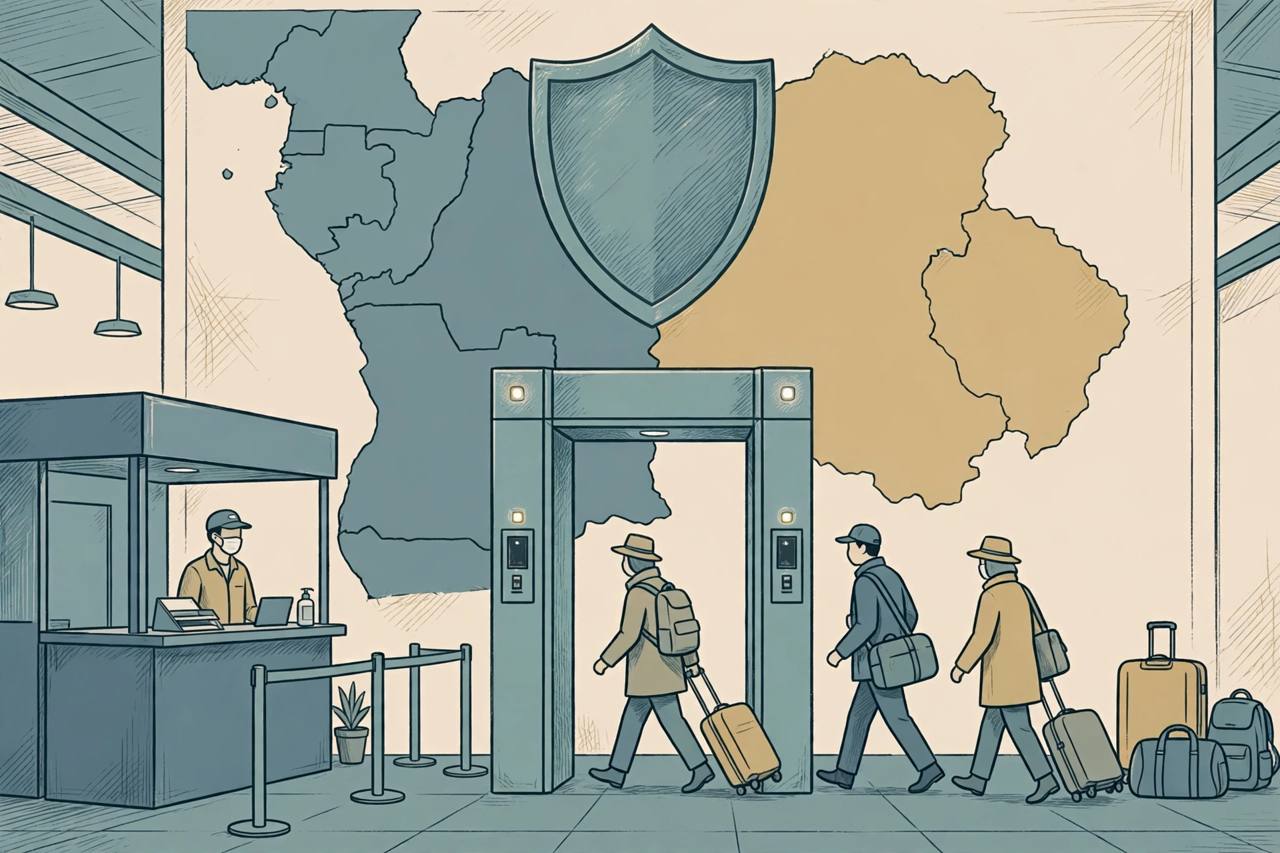 Editorial illustration of an airport health screening checkpoint with a simplified Uganda and DR Congo map — flat style, generic figures, no real person depicted