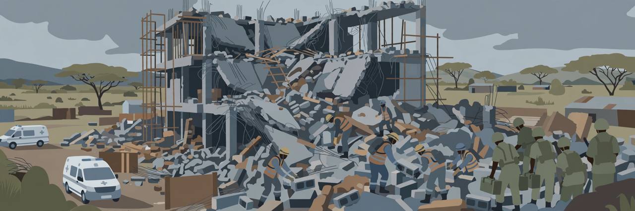 Respectful editorial illustration of rescue workers searching rubble of a collapsed building under construction in Uganda