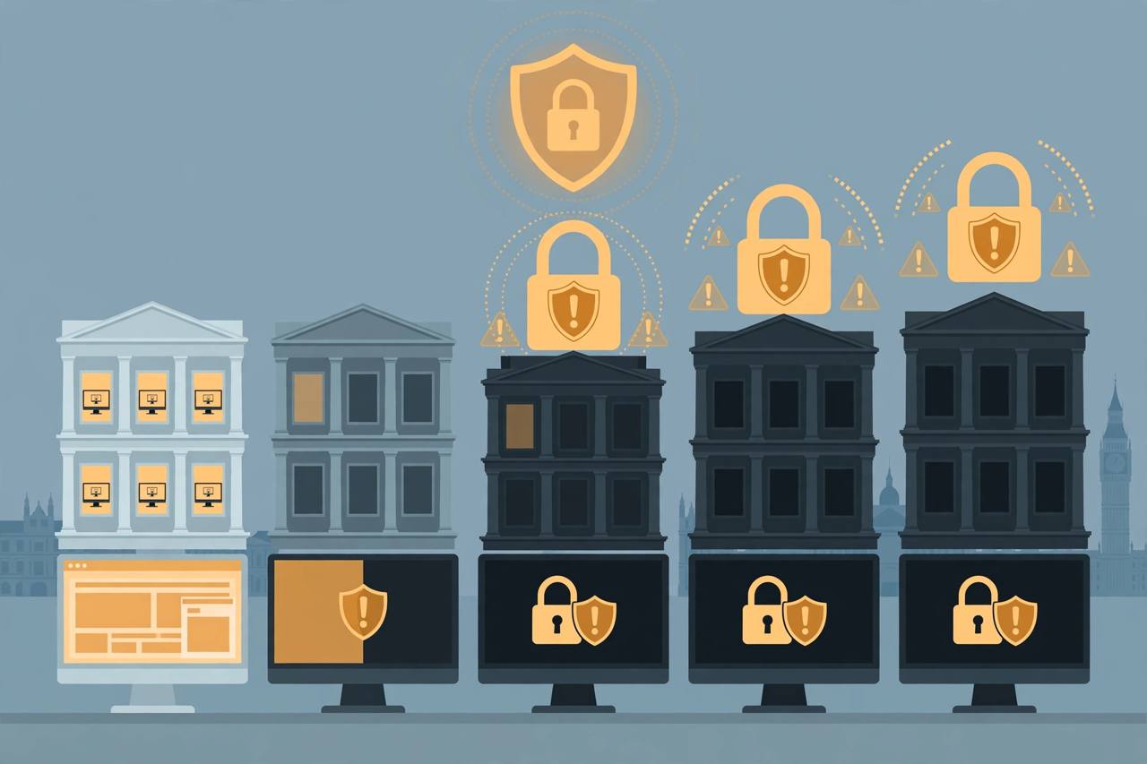 Editorial illustration of government buildings and website screens going dark behind a padlock, no real person depicted