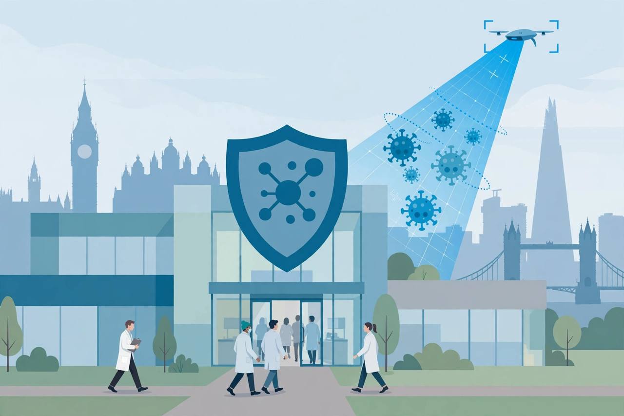 Editorial illustration of a biosecurity laboratory in London with a shield over its entrance, generic scientists walking in and virus particles being scanned by a blue light beam