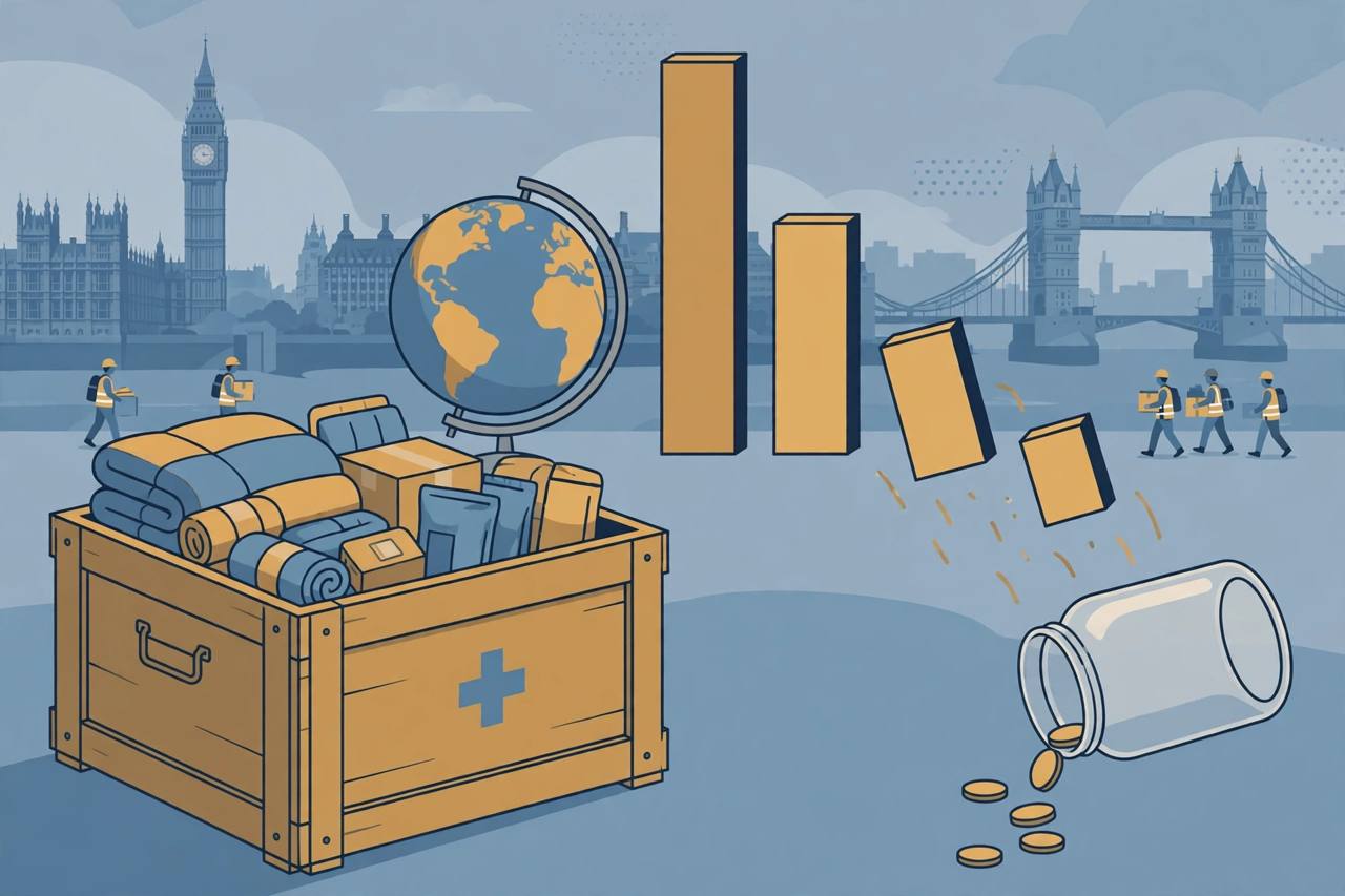 Editorial illustration of an aid crate and globe beside a falling chart and an emptying funding jar
