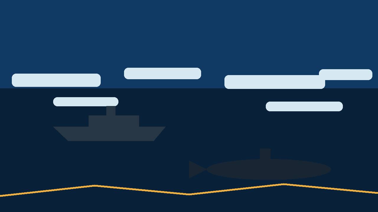 Editorial illustration of a generic warship and a submarine silhouette among Arctic ice floes above an undersea cable, flat style, no text, no real person depicted