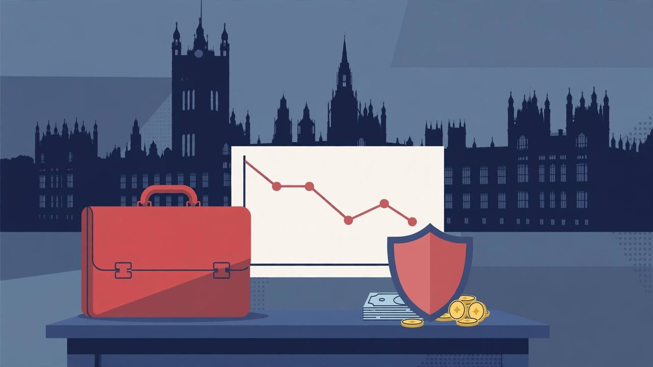 Editorial illustration of a red budget briefcase before a parliament building with a falling borrowing chart and a shield over household bills