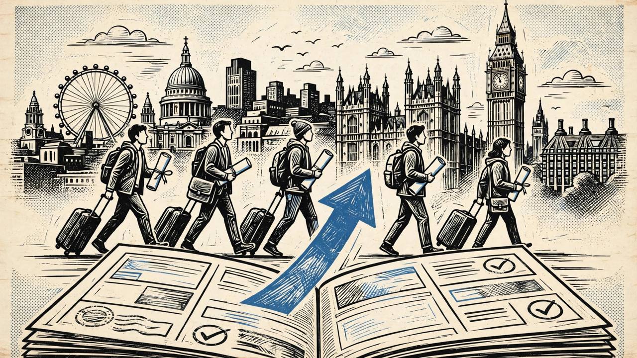 Editorial illustration of international graduates with degree scrolls and suitcases walking toward a London skyline above an open visa document, generic figures only, no real person depicted