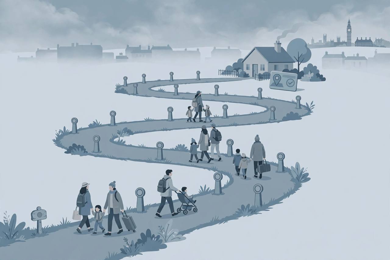 Editorial illustration of a long winding path with milestone markers leading to a house and a residence permit card in London