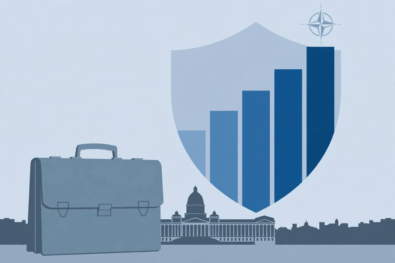 Editorial illustration of a budget briefcase and a rising chart shaped like a shield in front of a parliament building, symbolising a defence spending plan