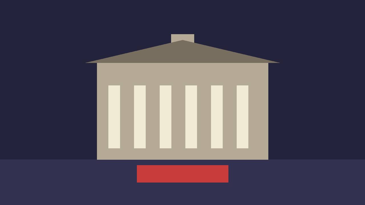 Editorial illustration of a parliament-style building with a red suspension banner, flat style, no real person depicted