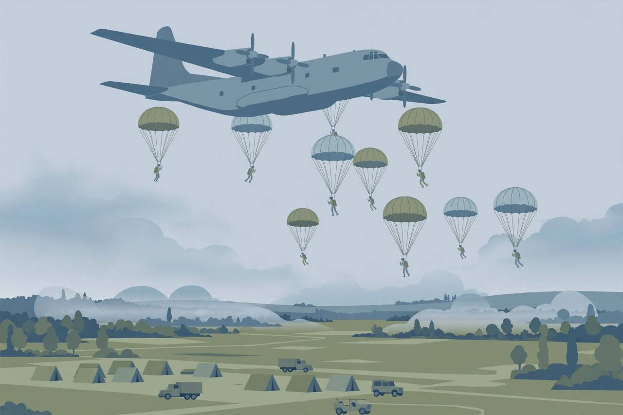 Editorial illustration of generic paratroopers descending from a large military transport aircraft over a European training ground