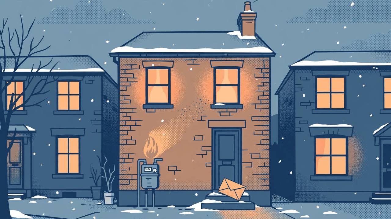 Editorial illustration of a British home with a gas meter and an energy bill