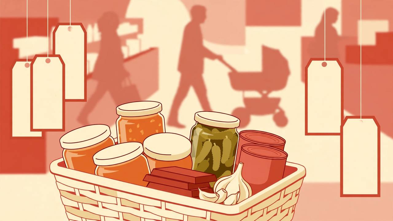 Editorial illustration of a shopping basket with marmalade and gherkin jars, chocolate and garlic, with blank price tags hanging beside it