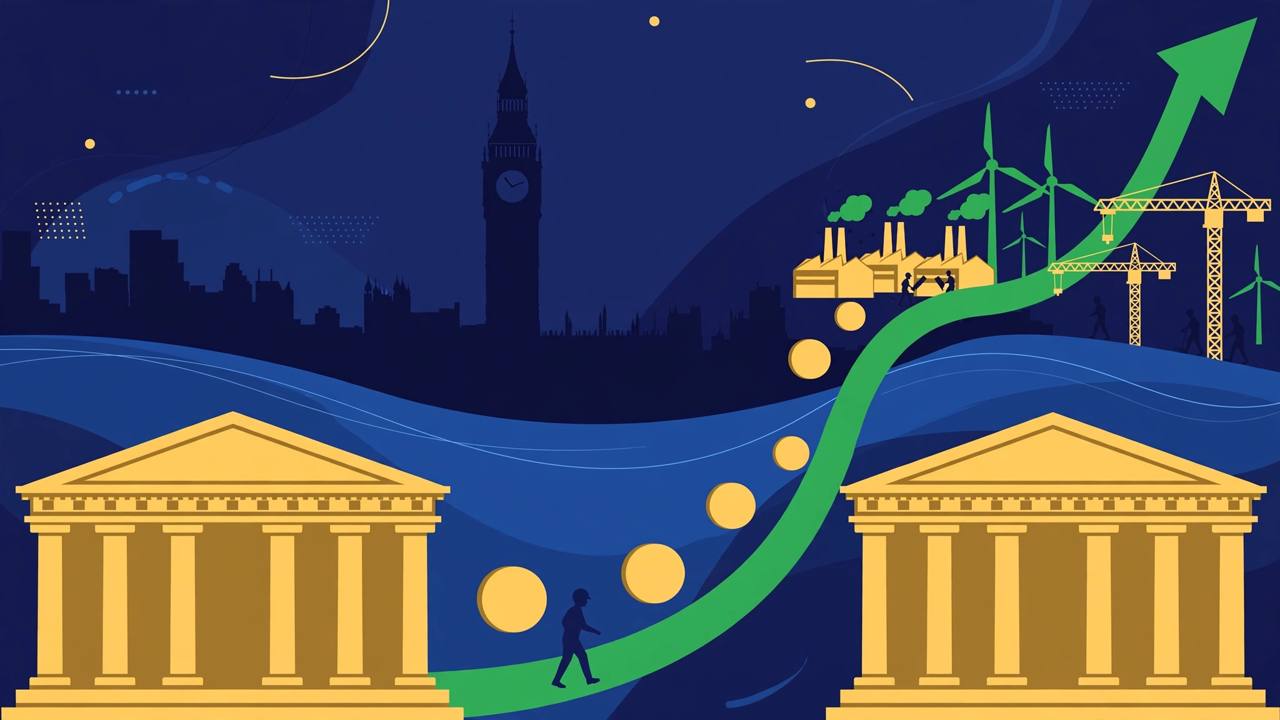 Editorial illustration of a generic London-style skyline with two classical bank buildings, gold coins and a rising growth arrow toward factories and wind turbines