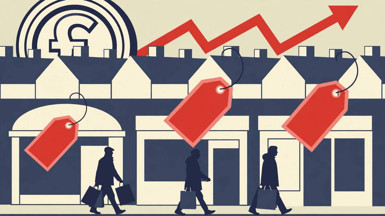 Editorial illustration of shoppers, rising price tags and an upward arrow over British rooftops