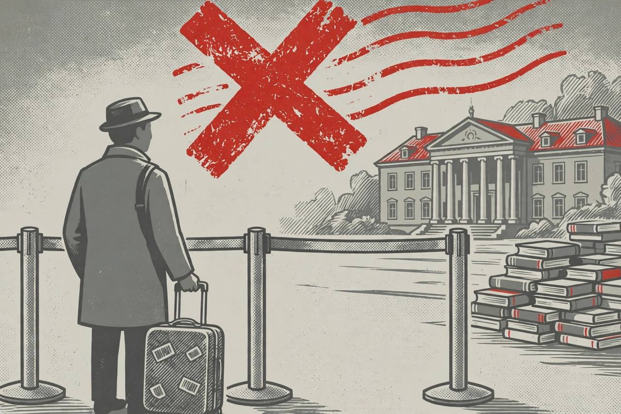 Editorial illustration of a traveller with a suitcase stopped at a barrier in front of a university building, under a large red X