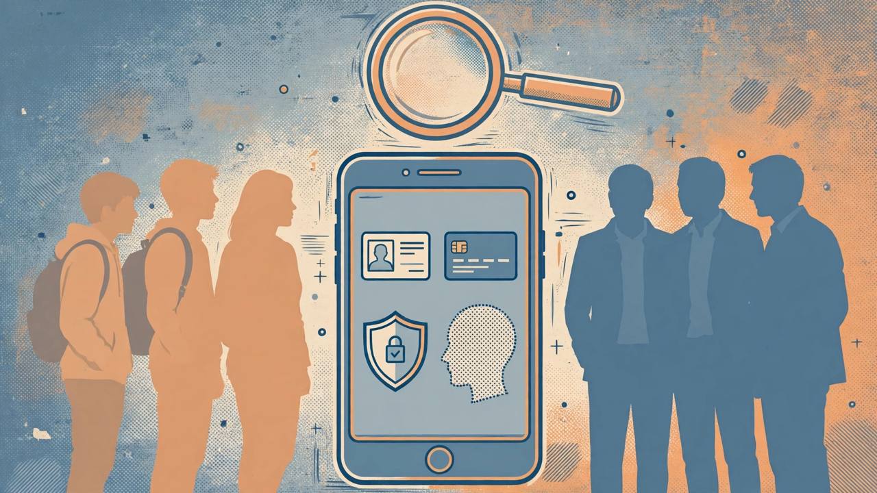 Flat editorial illustration of a smartphone showing four age-verification symbols - a photo ID card, a bank card, a digital identity shield and a dotted face outline - with generic silhouetted teenagers and adults on either side