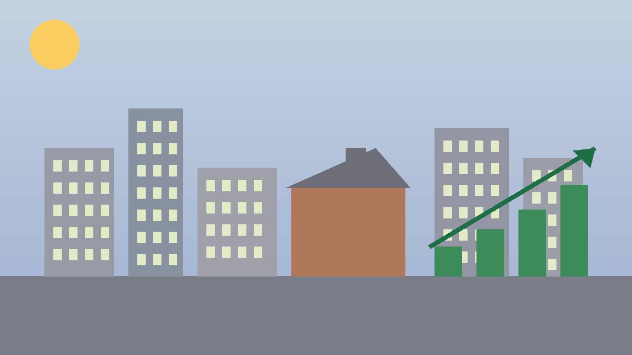 Editorial illustration of a generic city skyline, a factory and rising green bars — no real person or real place depicted