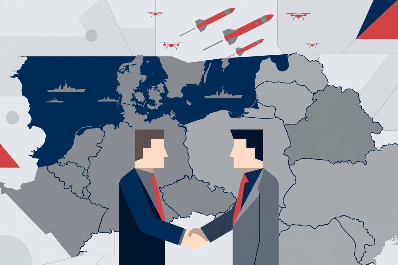 Editorial illustration of two generic officials shaking hands over a map of eastern Europe, with generic frigates, air-defence shapes and drones