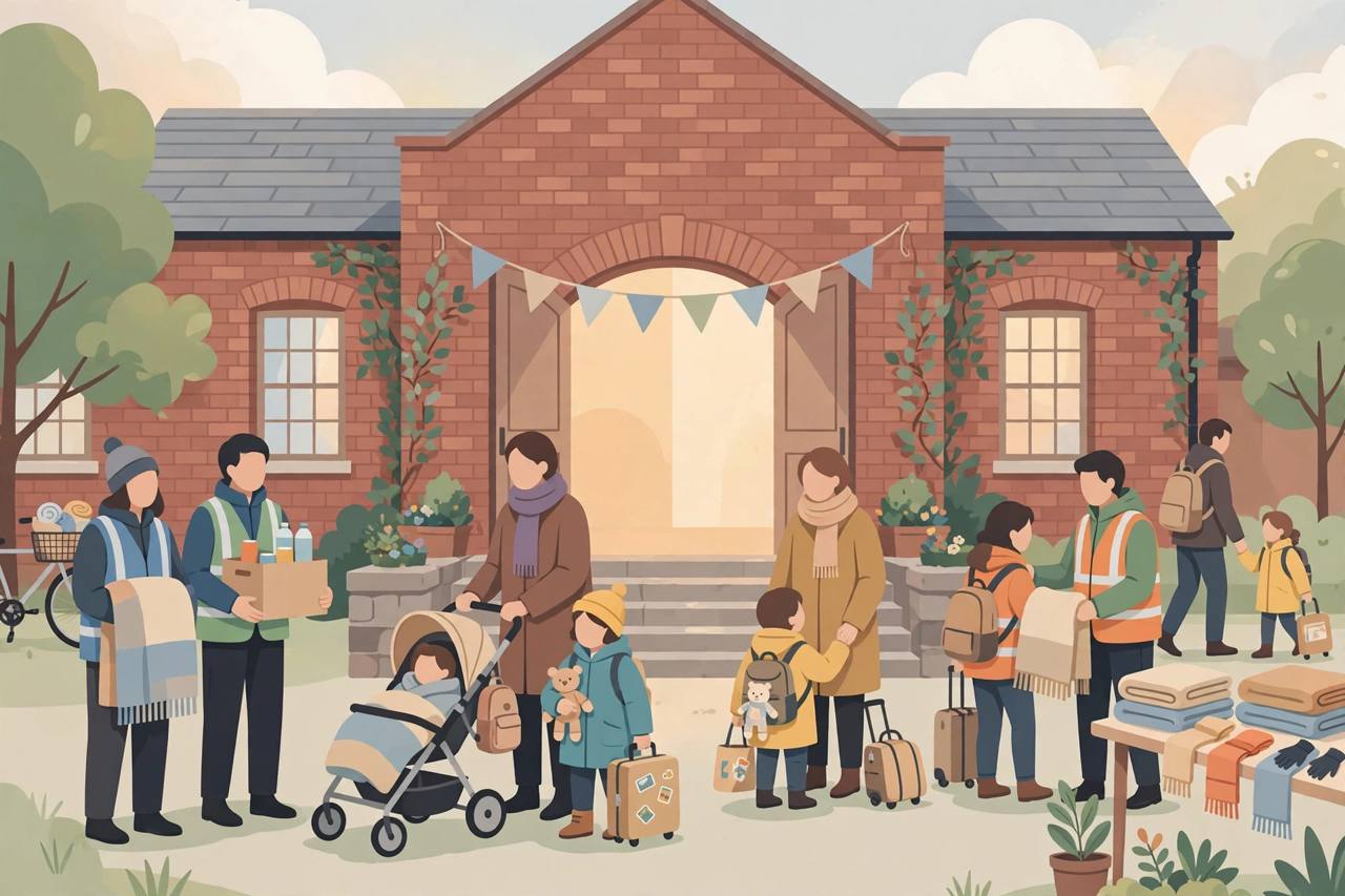Editorial illustration of refugee families being welcomed by community volunteers in Britain