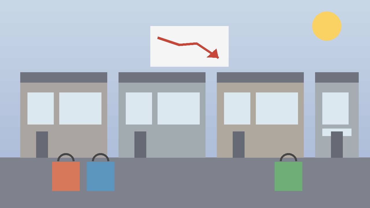 Editorial illustration of generic shopfronts, shopping bags and a downward chart arrow — no real person, brand or real place depicted