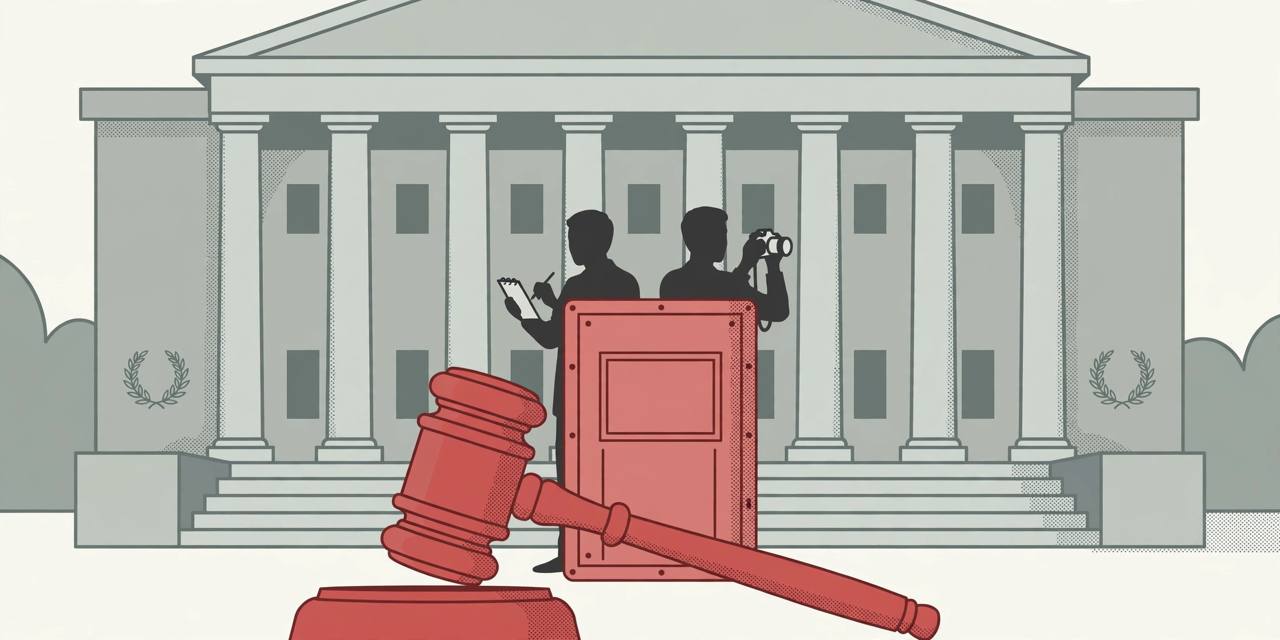 Flat editorial illustration of a courthouse facade with tall columns and a judge's gavel in the foreground, with two generic silhouetted journalists holding a notebook and a camera standing behind a protective shield