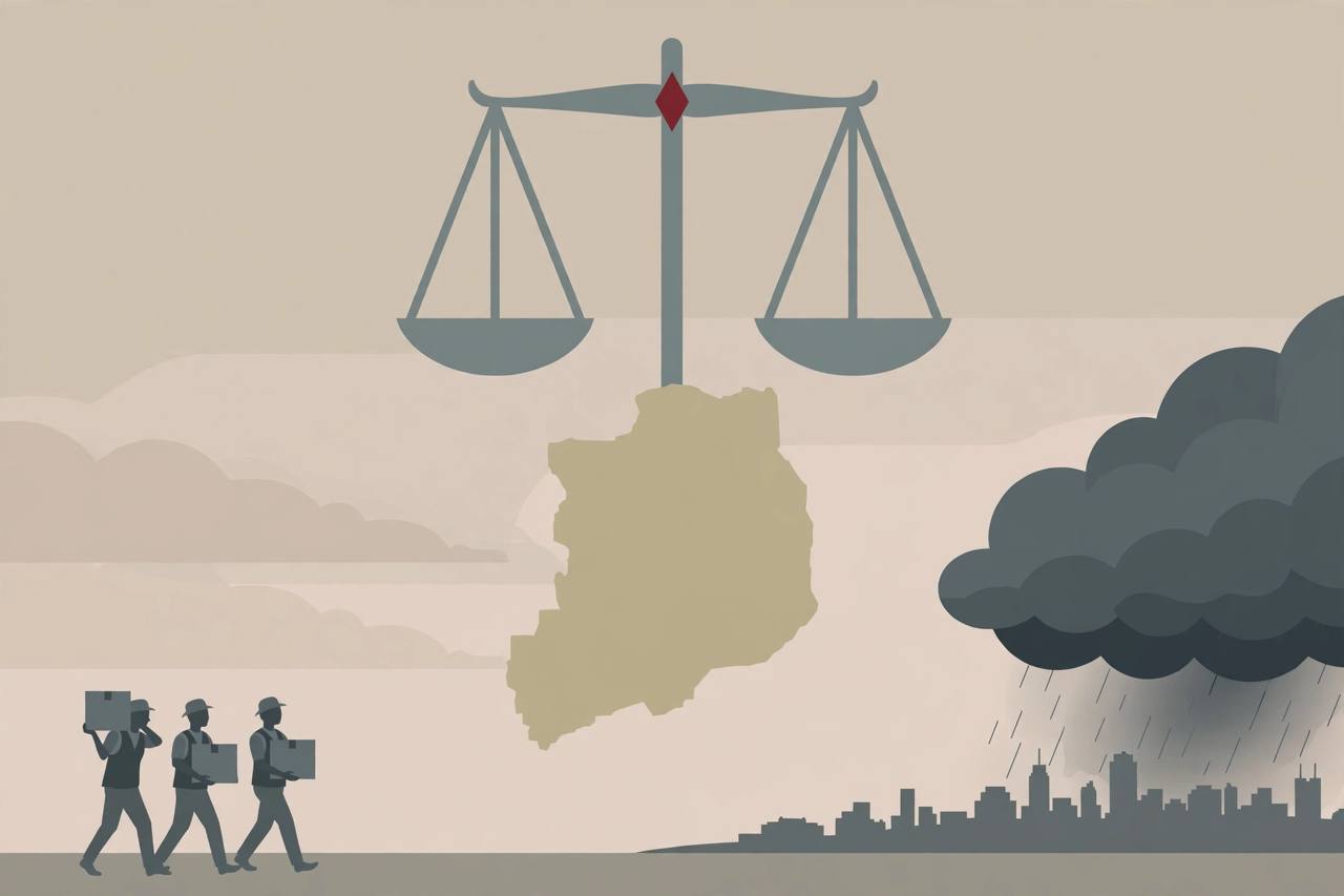 Editorial illustration: scales of justice above a map of Sudan, with aid workers carrying relief boxes under a storm cloud