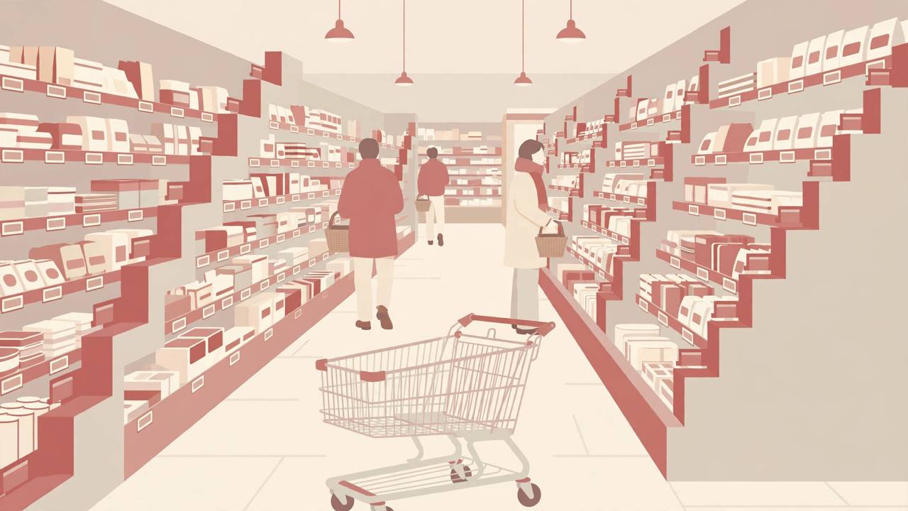 Editorial illustration of a supermarket aisle with generic shoppers, a trolley, and shelf price tags rising upward like steps