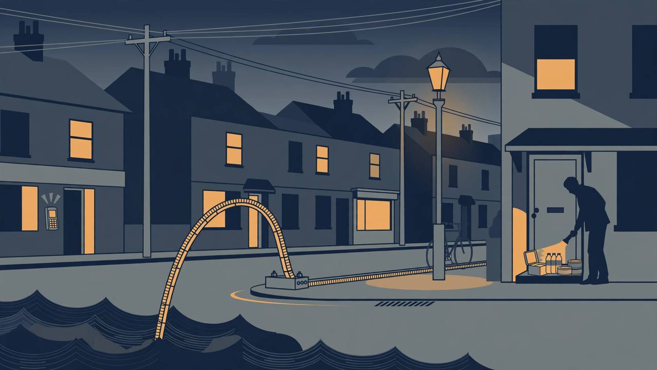 Editorial illustration of a generic British city street at dusk with payment, power and undersea-cable infrastructure and a household emergency box — no real place, person or incident depicted
