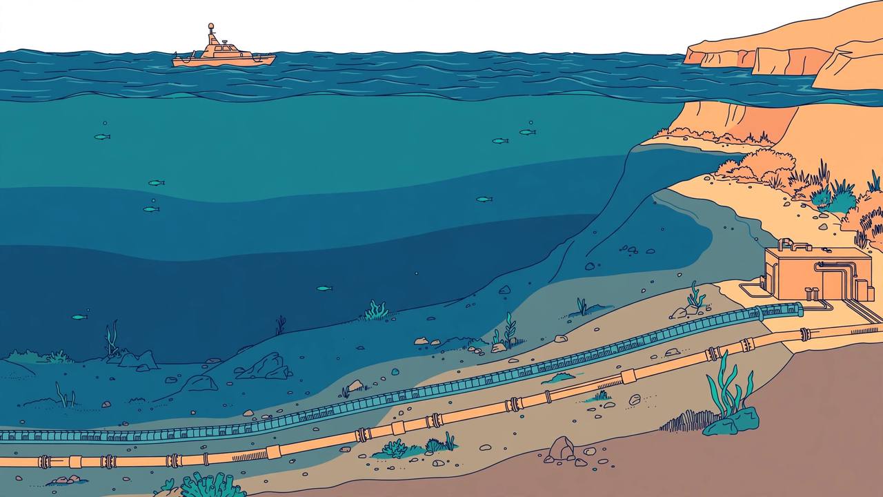 Editorial illustration of undersea cables and a pipeline on the seabed running to a coastal landing station, with a patrol vessel above — no real place or person depicted