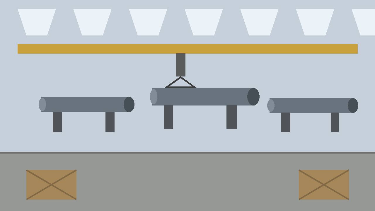 Editorial illustration of a generic factory hall with large metal barrels on stands and an overhead crane — no real facility or person depicted