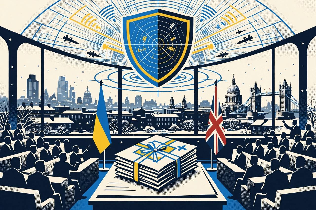 Editorial illustration of a parliament chamber with generic silhouette lawmakers, an aid package document, Ukrainian and British flags and a winter air-defence shield over a city skyline, flat style, no real person depicted