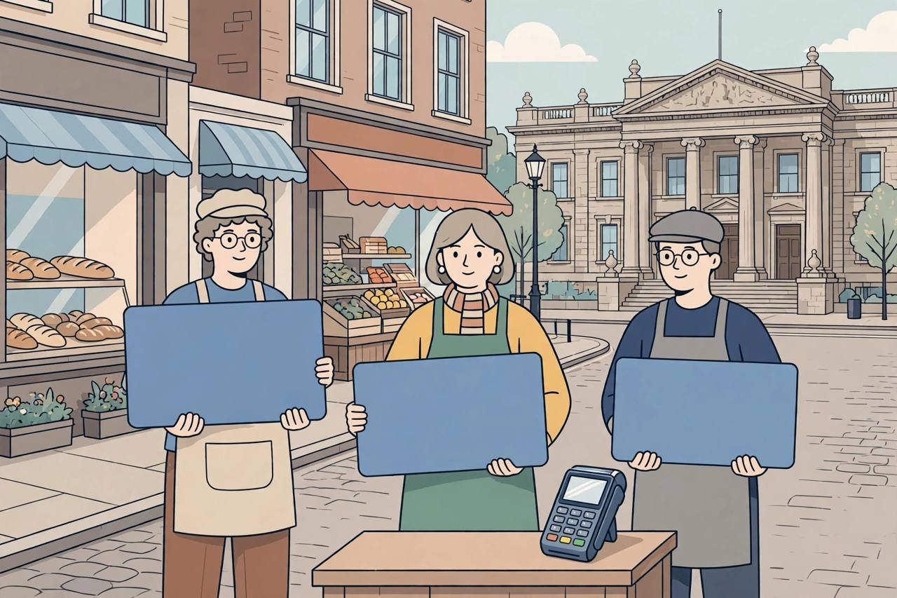 Editorial illustration of small British shopkeepers holding oversized generic payment cards outside a courthouse