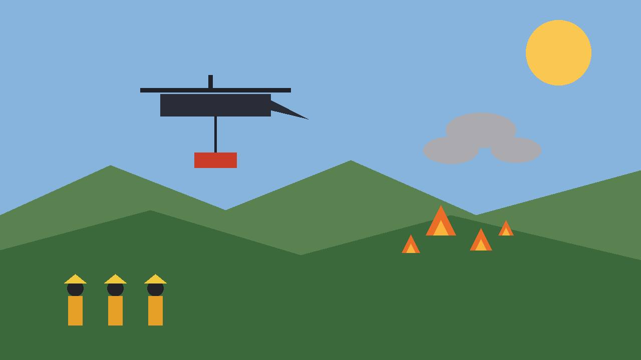 Editorial illustration of a military helicopter carrying a water bucket over green hills with stylised flames and firefighters below, flat style, no real person depicted