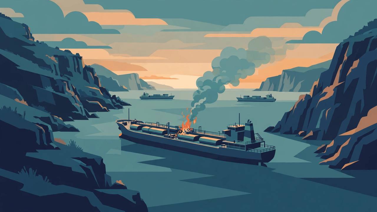 Flat editorial illustration of a generic tanker with a small fire and smoke plume in a narrow sea strait between rocky headlands at dawn, with other cargo ships keeping their distance