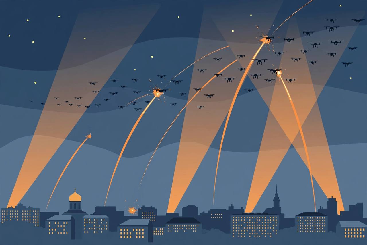 Editorial illustration of drones in a night sky over a Ukrainian city skyline, intercepted by air-defence tracer fire and searchlights