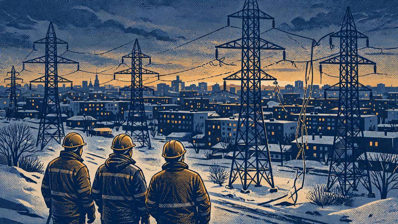 Editorial illustration of a generic city skyline at dusk in early winter with many windows dark, electricity pylons and a damaged power line in silhouette, and generic repair workers seen from behind, no real person's likeness