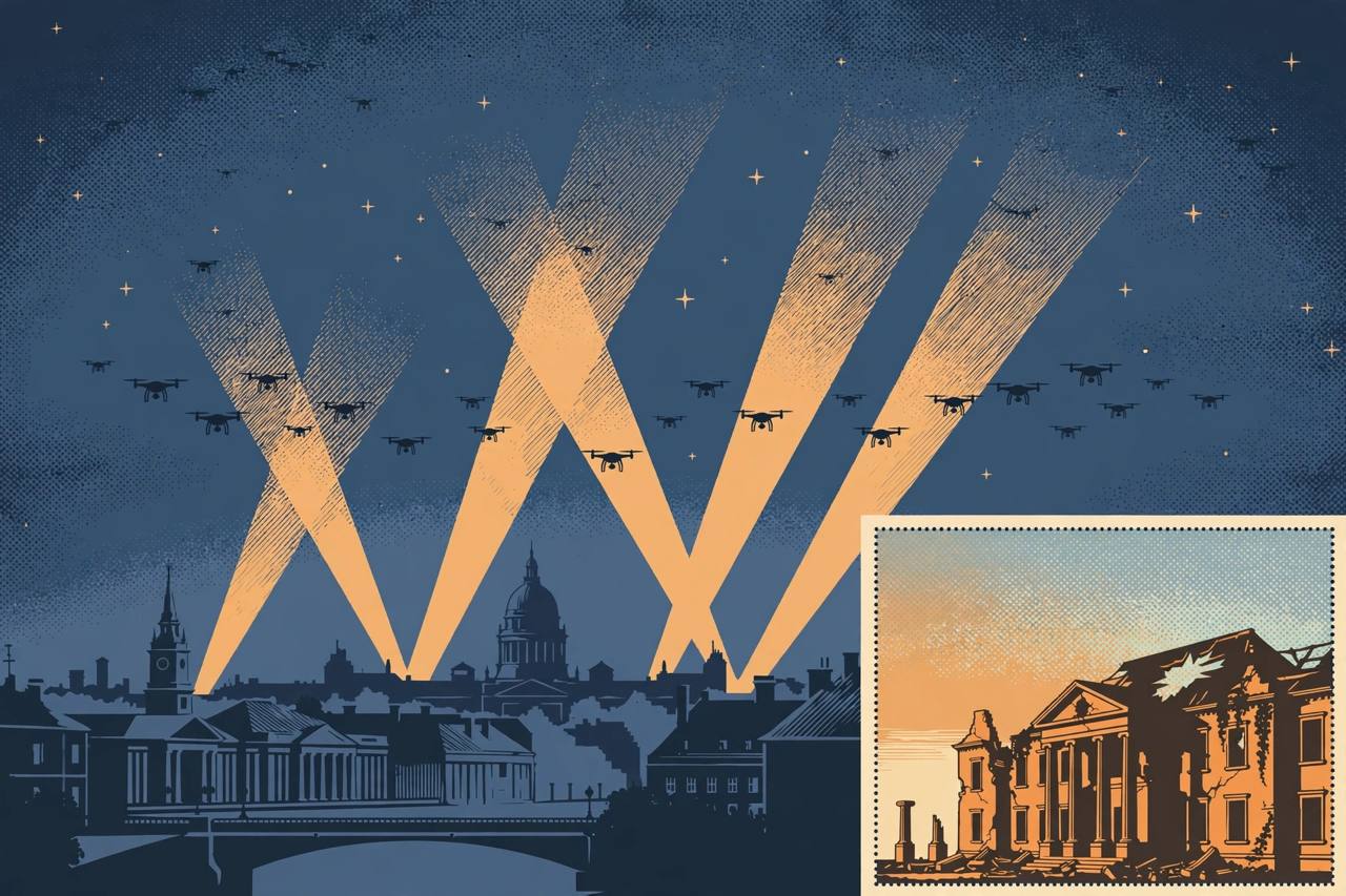Editorial illustration of drones in a night sky over a generic capital skyline with searchlights, and a damaged generic school building at dawn