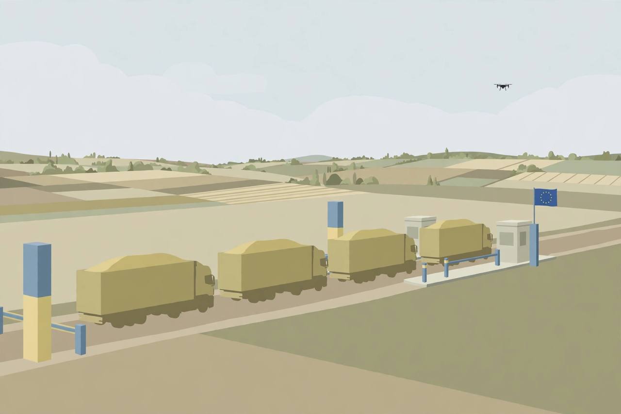 Editorial illustration of grain lorries at a border checkpoint moving toward the EU, with a distant drone silhouette — flat style, no real person depicted