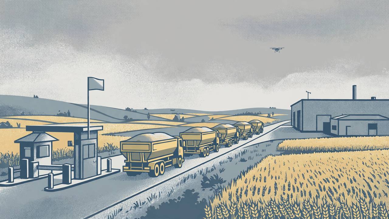 Editorial illustration of generic grain lorries driving inland from a border checkpoint toward a warehouse with a distant drone silhouette in the sky — no real place, vehicle or person depicted