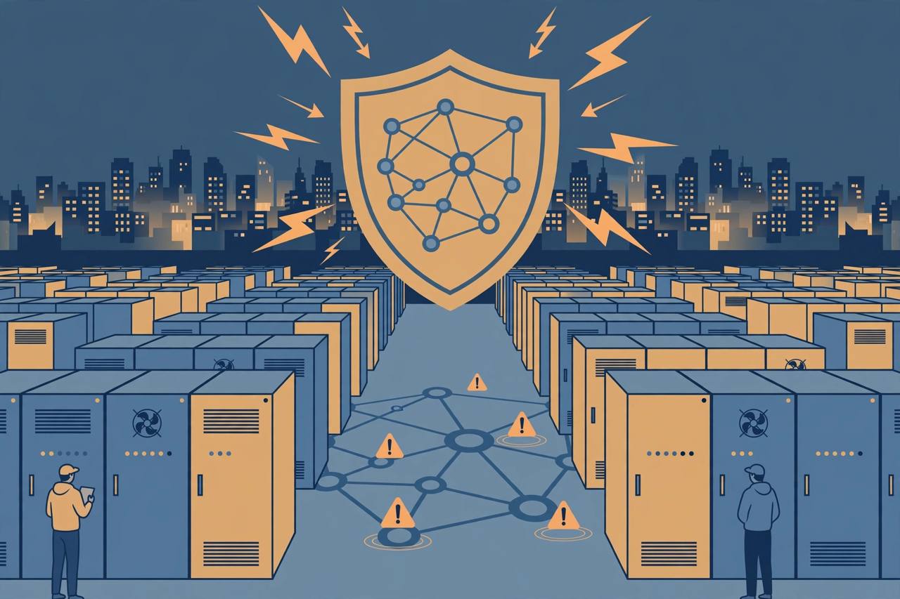 Editorial illustration of data centre server rows and a city skyline at night with a shield over a network map — flat style, generic figures only, no real person depicted