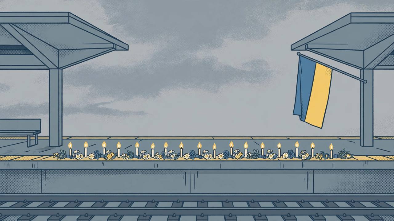 Flat editorial illustration of an empty railway station platform with a row of lit candles and flowers and a Ukrainian flag, in muted blue and yellow tones