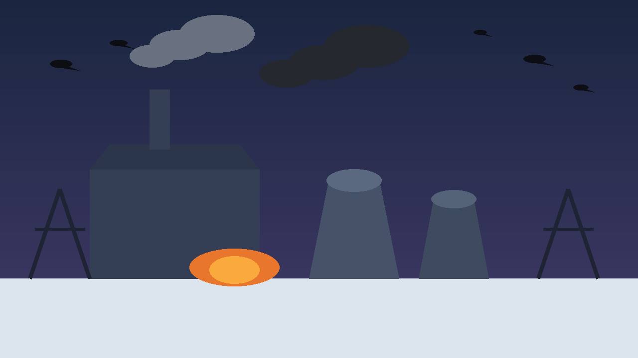 Editorial illustration of a Ukrainian thermal power plant in snow with smoke and drones overhead, flat style, no real person depicted
